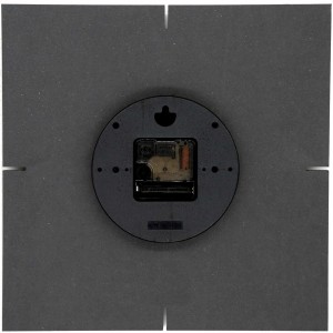 Rückseite der schwarzen, quadratischen Wall-Art Wanduhr aus MDF, 30x30 cm, mit leisem Uhrwerk.