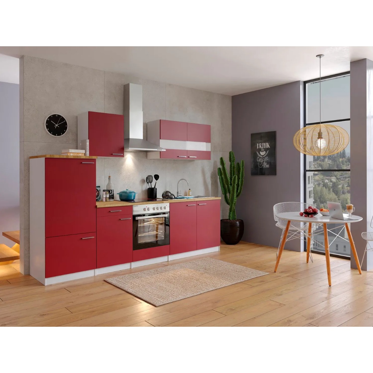 Respekta Küchenzeile 270 cm Weiß Rot, mit Geräten, Glaskeramikkochfeld