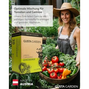 Gusta Garden Gemüseerde mit Tomaten und Gemüse in Schale, Karton im Hintergrund.