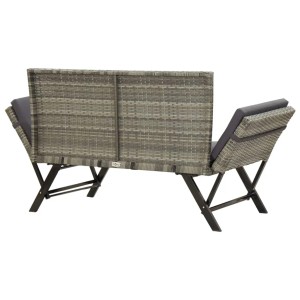 Graue VidaXL Gartenbank aus Rattan mit Auflagen, umwandelbar in Sonnenliege.