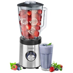 Steinborg Standmixer SB-7020 aus Edelstahl mit Glaskrug, gefüllt mit Erdbeeren und Eiswürfeln.