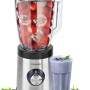 Steinborg Standmixer SB-7020 aus Edelstahl mit Glaskrug, gefüllt mit Erdbeeren und Eiswürfeln.