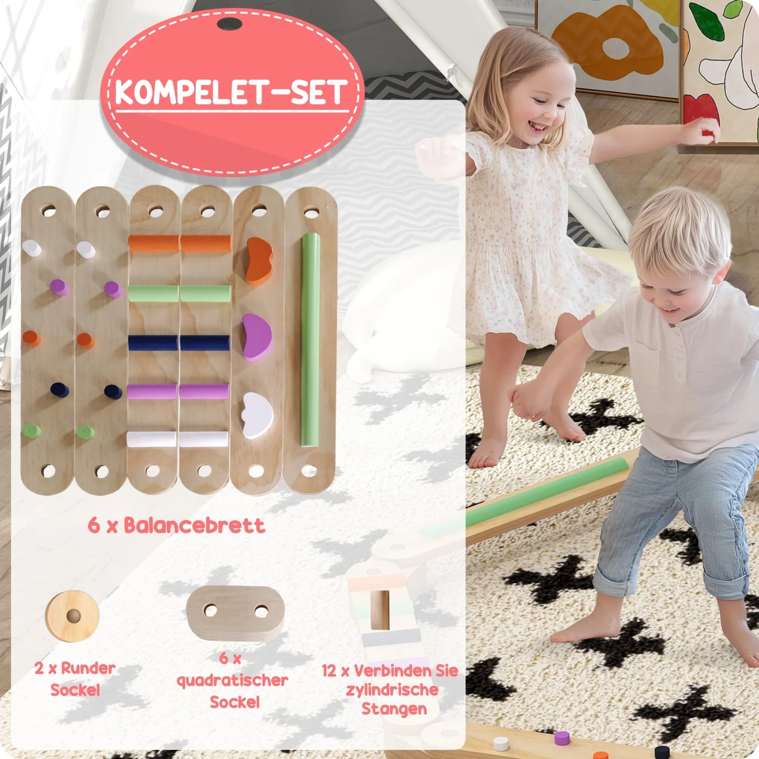 AIYAPLAY Balancierbalken Set für Kinder mit Balanciersteinen aus Holz. Fördert Gleichgewicht und Koordination.
