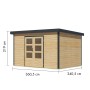 Karibu Gartenhaus Domingo 7 A, naturbelassen/anthrazit, mit Maßen. Holz-Gartenhaus mit Doppeltür und Fenster.