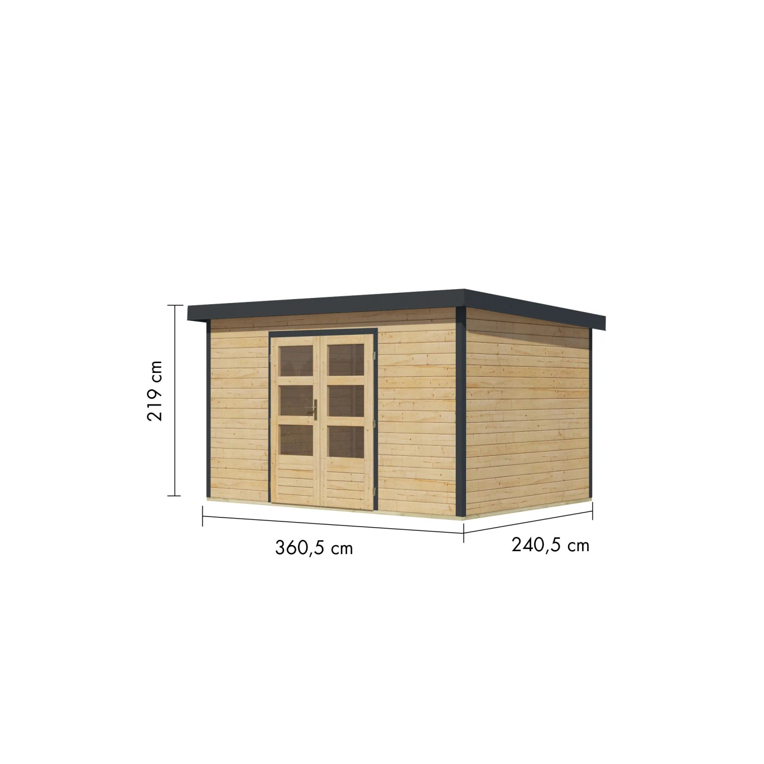 Karibu Gartenhaus Domingo 7 A, naturbelassen/anthrazit, mit Maßen. Holz-Gartenhaus mit Doppeltür und Fenster.