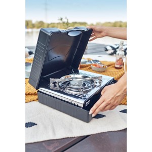 Enders Campingkocher Nelson mit geöffnetem Deckel, silberner Brenner. Camping & Zubehör.