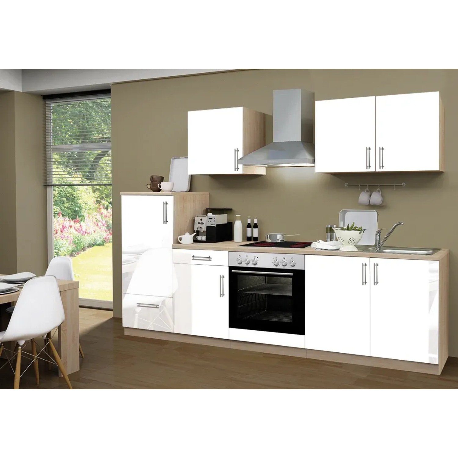 Menke Küchenzeile Premium 270 cm, weiß hochglanz/Sonoma Eiche Nachbildung, mit E-Geräten.