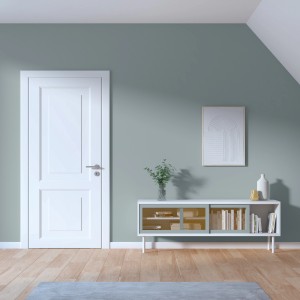 Wohnraum mit Wandfarbe Edith Platinblau von CREATE! by OBI, matt, mit Tür, Kommode und Deko.