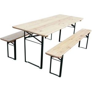 Klappbare Bierzeltgarnitur mit 70 cm breitem Holztisch und zwei Bänken mit grünem Gestell.
