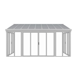 Weißer Juskys Wintergarten mit Schiebetüren und Polycarbonatdach, 292x548x312 cm.