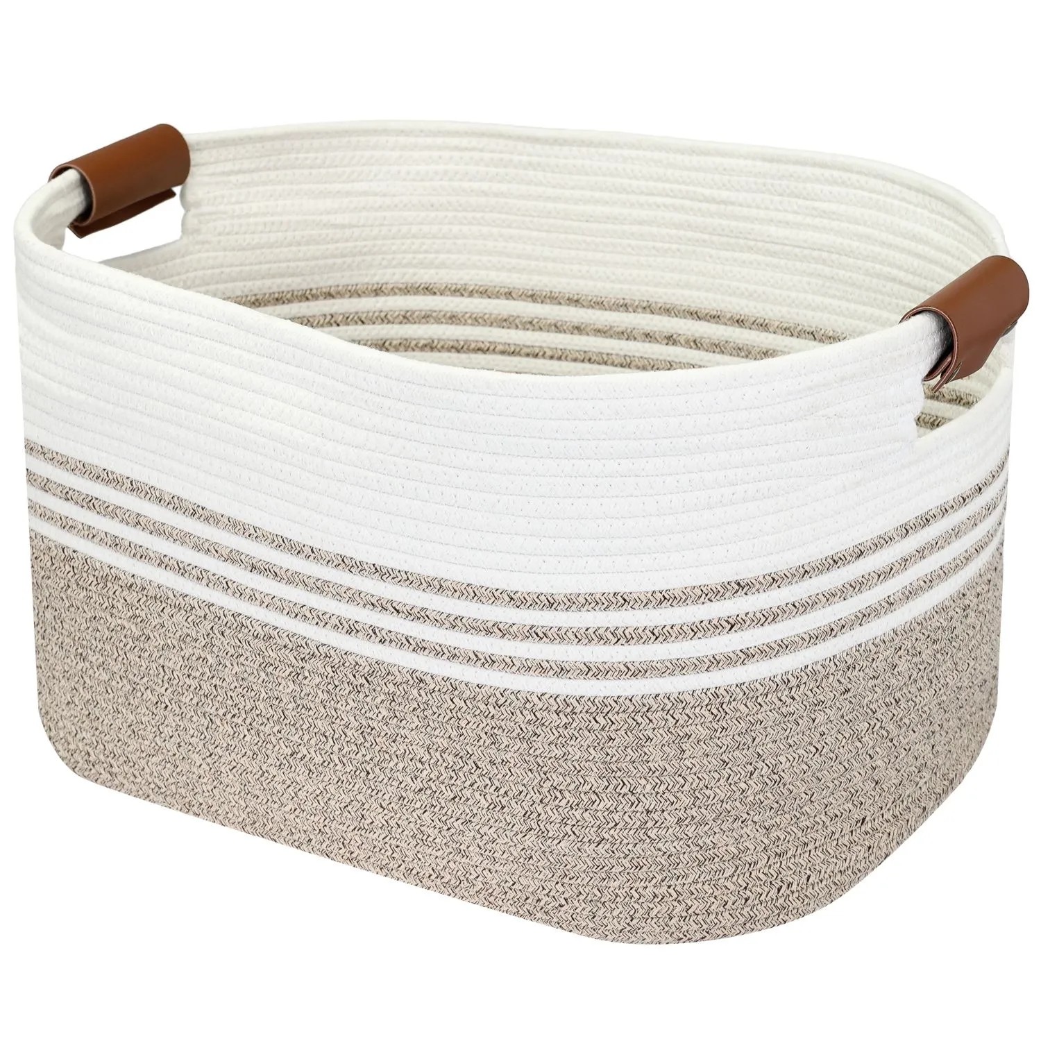 HMF Wäschekorb 39013 Aus Baumwolle Mit Kunstledergriffen 55 x 43 x 30 cm Weiß-Braun