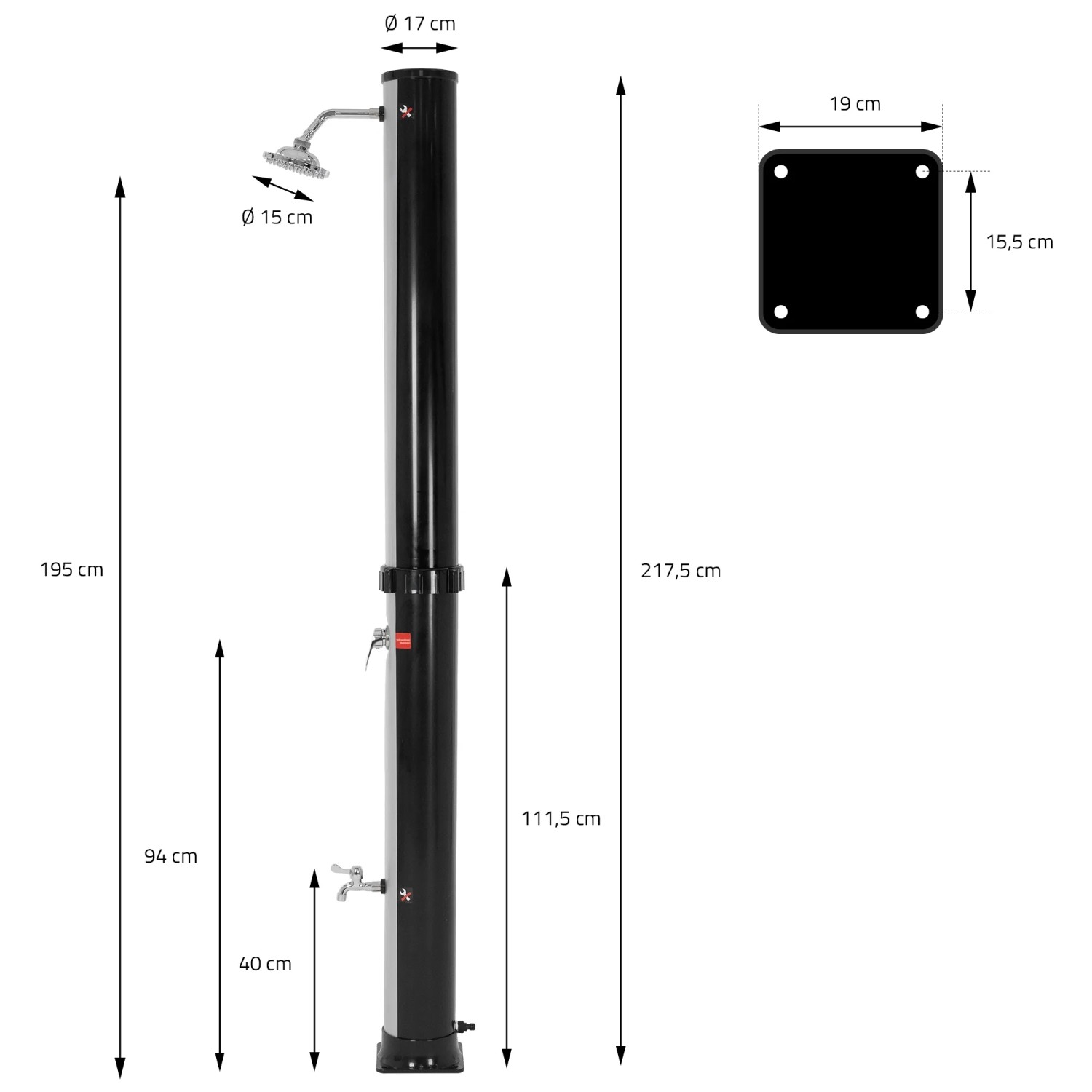 ML-Design Solardusche, 217,5cm, mit Regenduschkopf und Fußdusche, silber-schwarz.