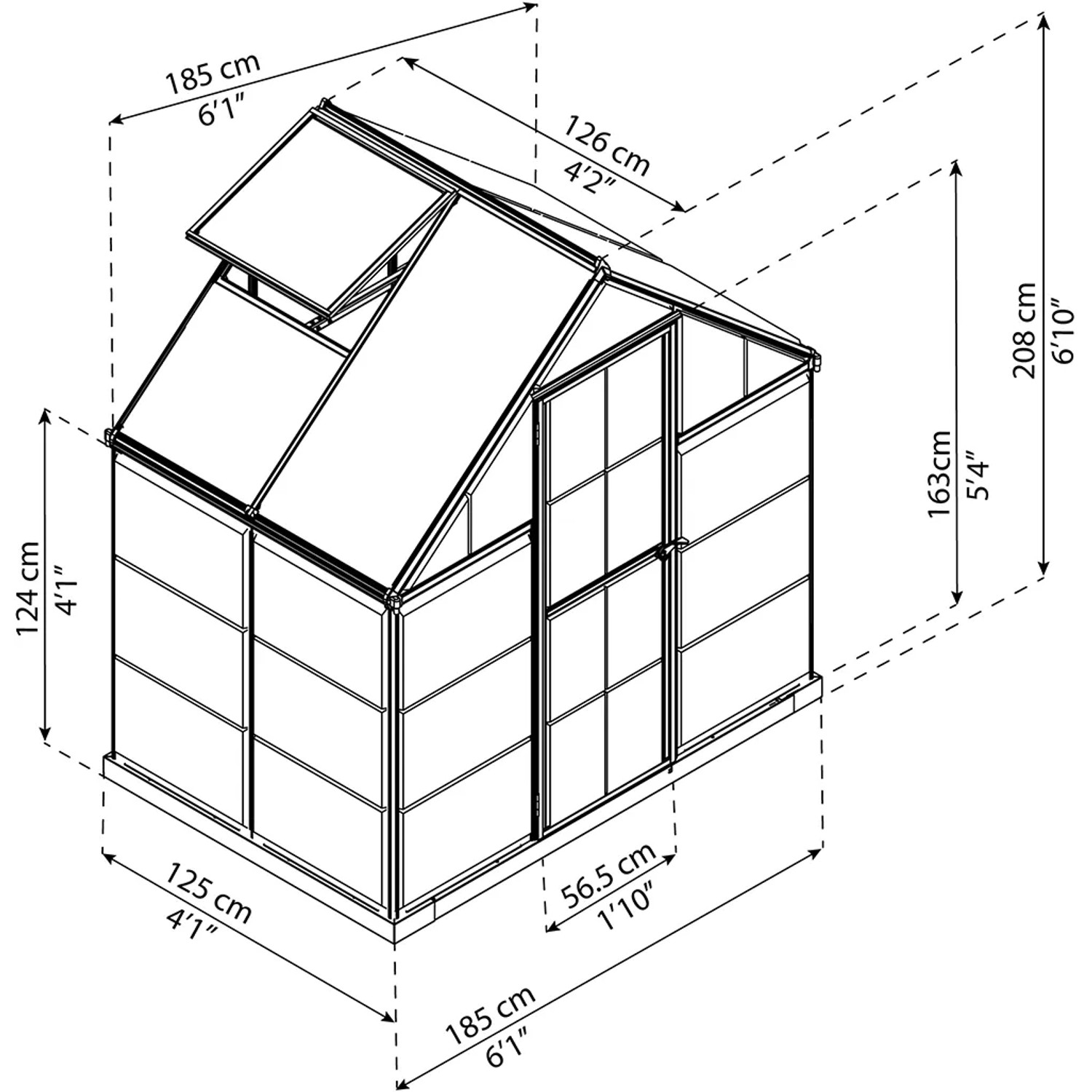 Technische Zeichnung: Palram Canopia Hybrid Gewächshaus 1.3x1.9m, silberner Rahmen, klare Wände, Maße.