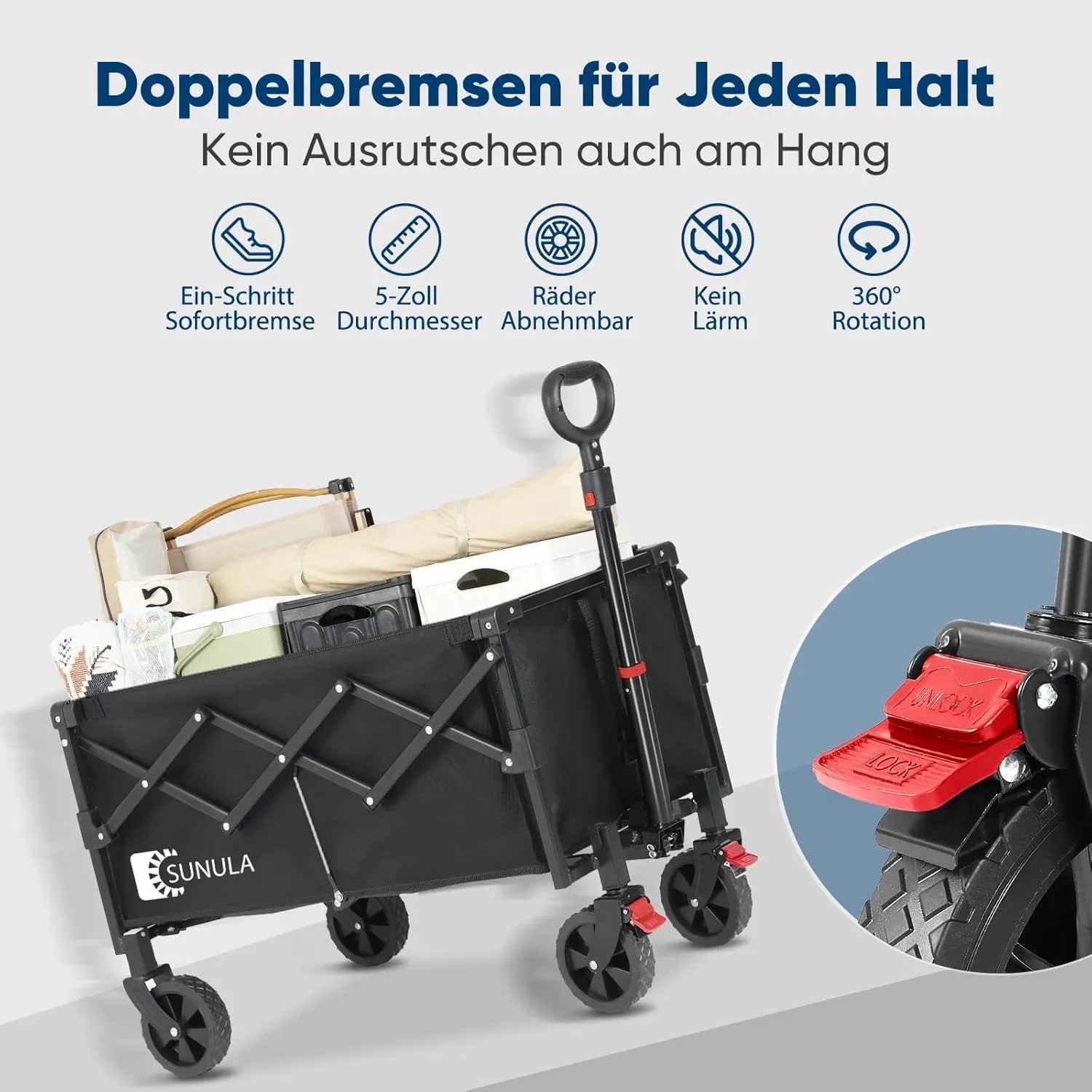SUNULA Bollerwagen, faltbar, 80L, 100KG, schwarz, mit Doppelbremse und abnehmbaren Rädern.
