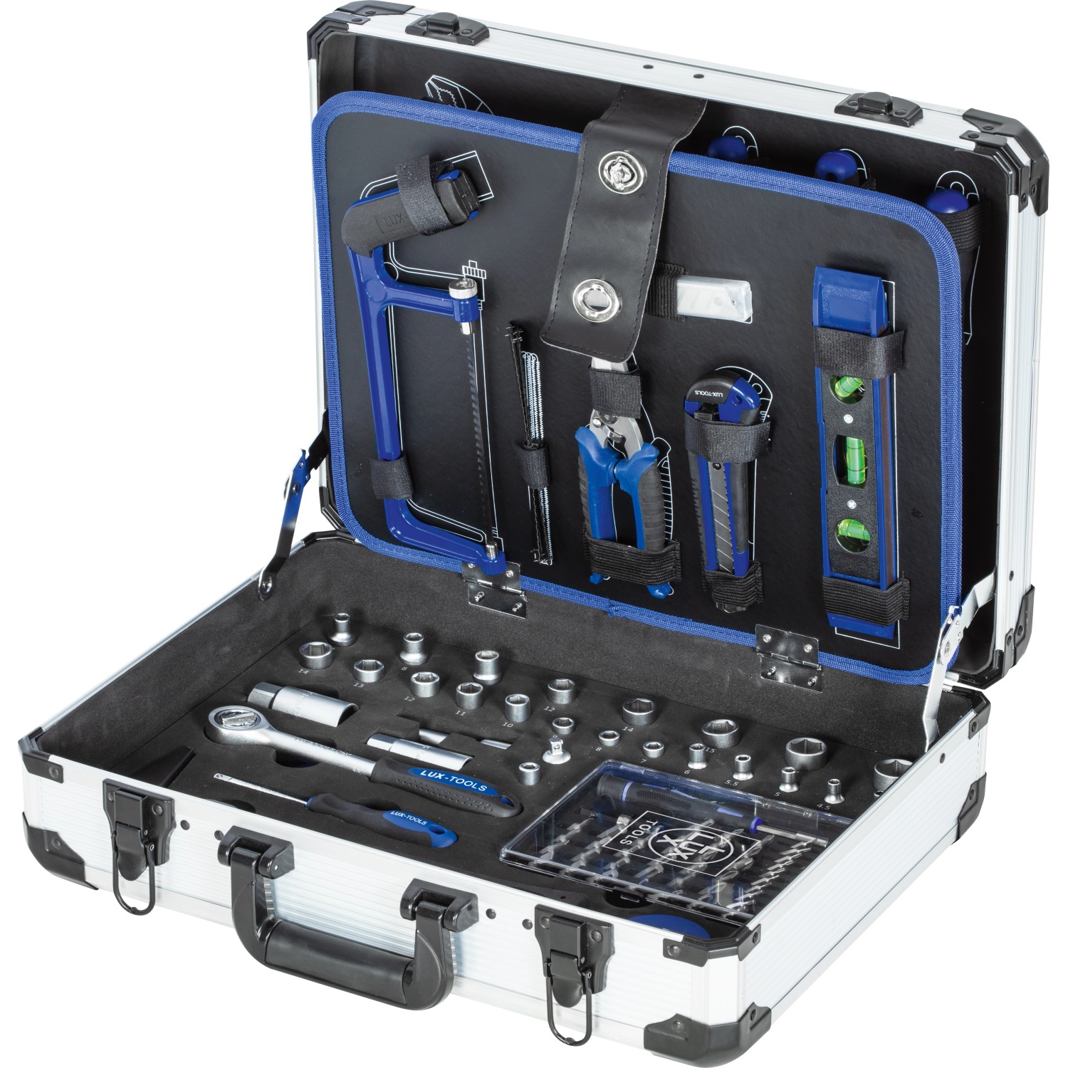 Offener LUX Werkzeugkoffer, 129-teilig, mit Werkzeugen wie Schraubenschlüssel, Hammer und Zangen.