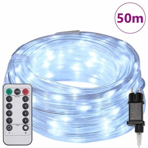 50 m langes, kaltweißes LED Lichtseil von vidaXL mit Fernbedienung und Stecker.
