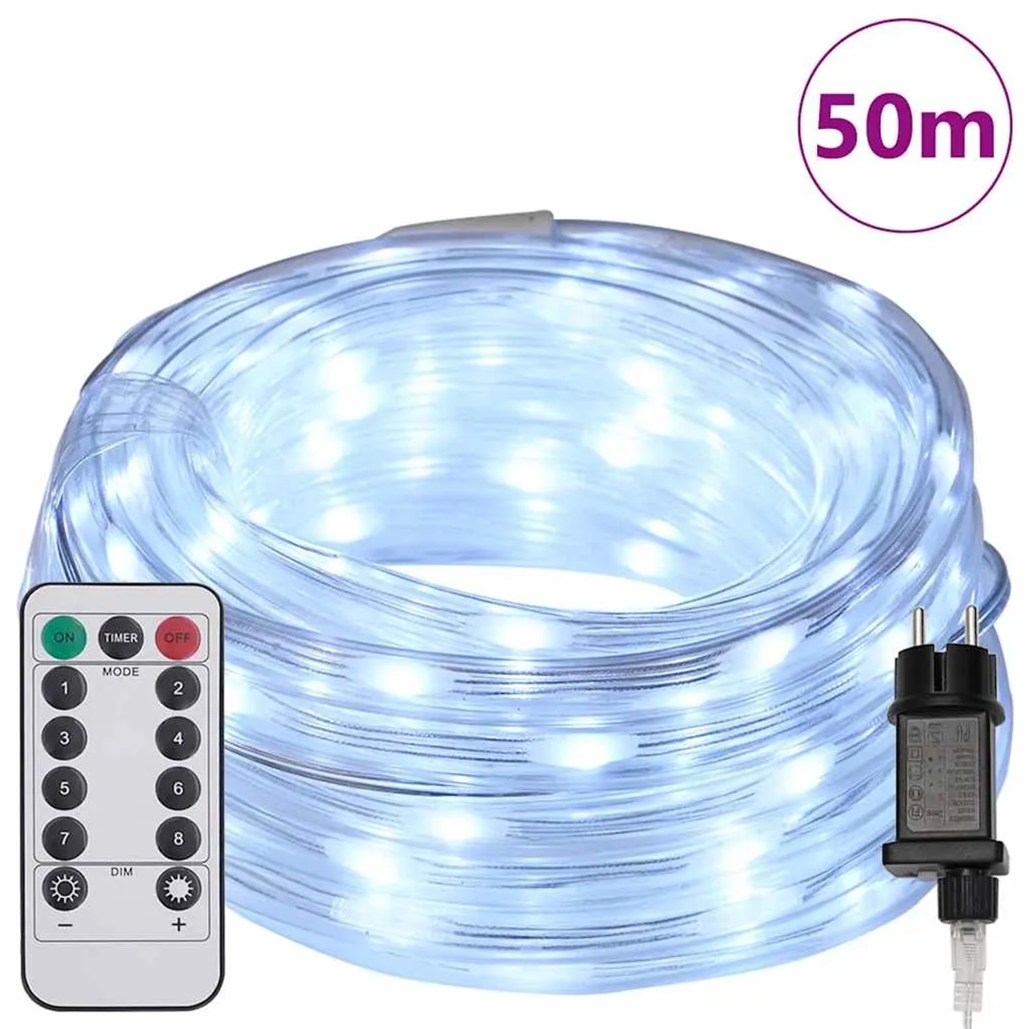 50 m langes, kaltweißes LED Lichtseil von vidaXL mit Fernbedienung und Stecker.