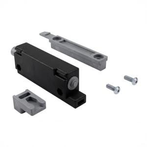 Drucktüröffner Push2open für Glas- und Holz-Schiebetürsysteme, Schwarz, mit Zubehör.