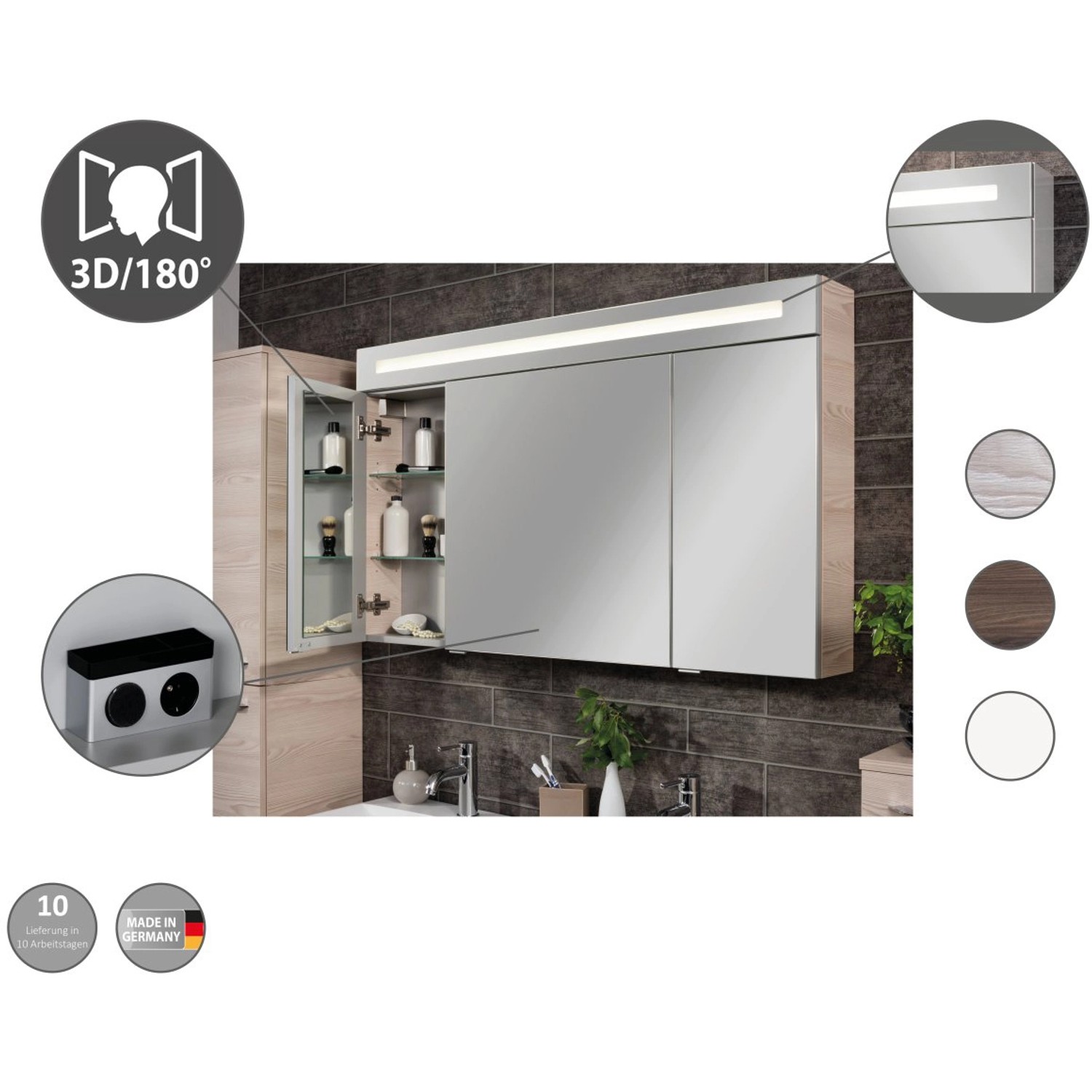 Fackelmann Spiegelschrank B.Clever Alaska Esche, 120 cm breit, mit Beleuchtung und Softclose-Türen.