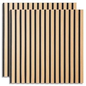 Zwei Homestyle4u Akustikpaneele 60x60 cm mit hellen Holzlamellen auf schwarzem Filz für Wand & Decke.