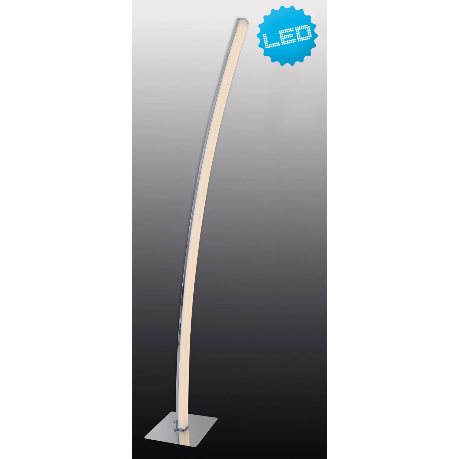 Moderne LED-Stehleuchte Dubai in Chrom mit Touch-Dimmer und warmweißem Licht.
