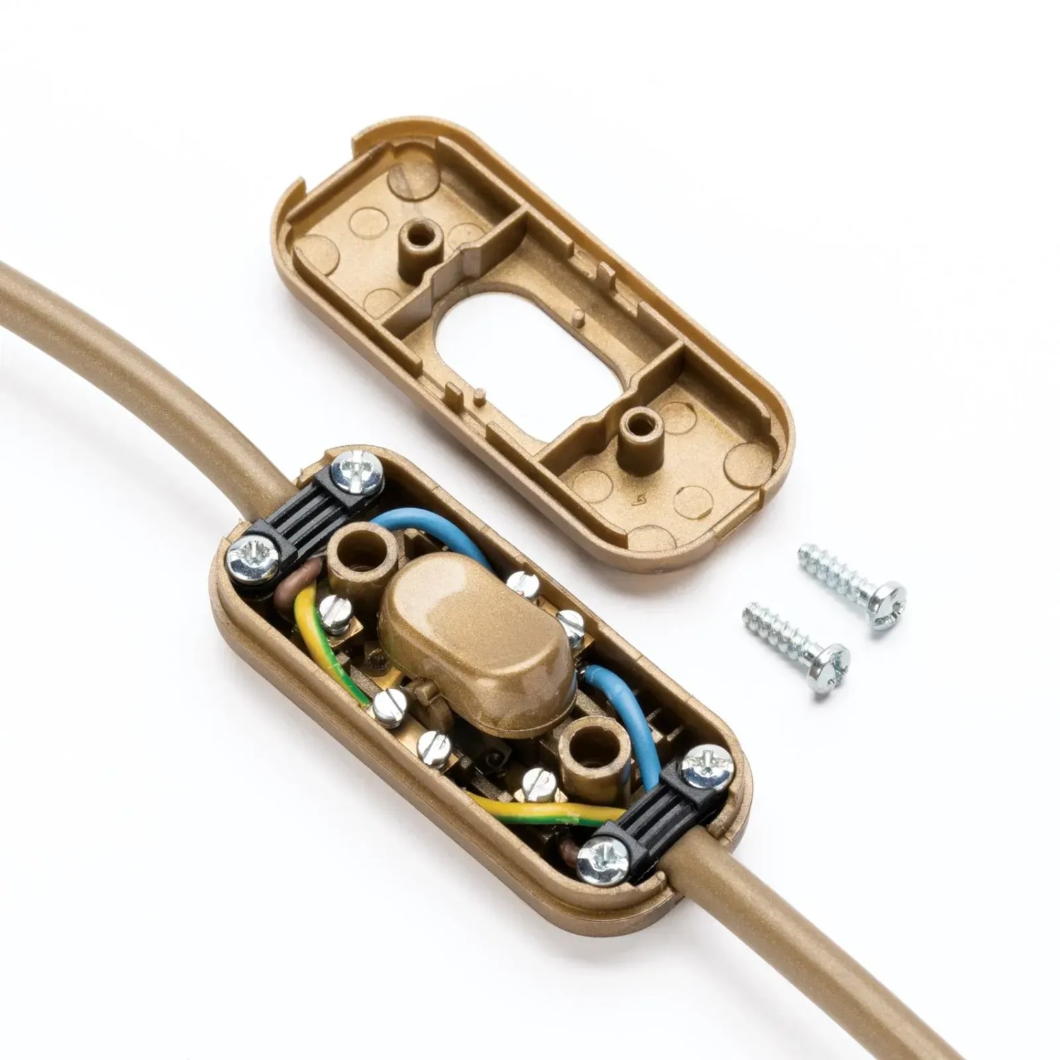 Goldener Orion Lightstyle Zwischenschalter (3-polig) mit geöffnetem Gehäuse und Schrauben.