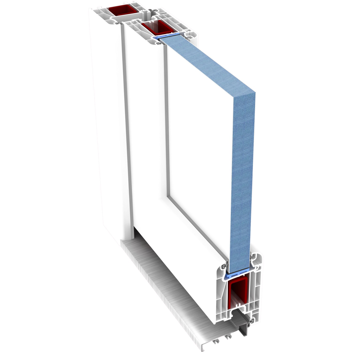 Querschnitt einer weißen Kunststoff-Nebeneingangstür K 504-88 mit rechtem Anschlag.