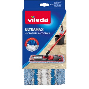 Vileda Ultramax Extra Feucht Ersatz-Wischbezug für Reinigungsgeräte, Mikrofaser/Baumwolle, blau/weiß.