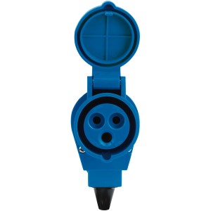 Blaue CEE Winkelkupplung, 3-polig, IP44 für Autoanhänger und Camping.