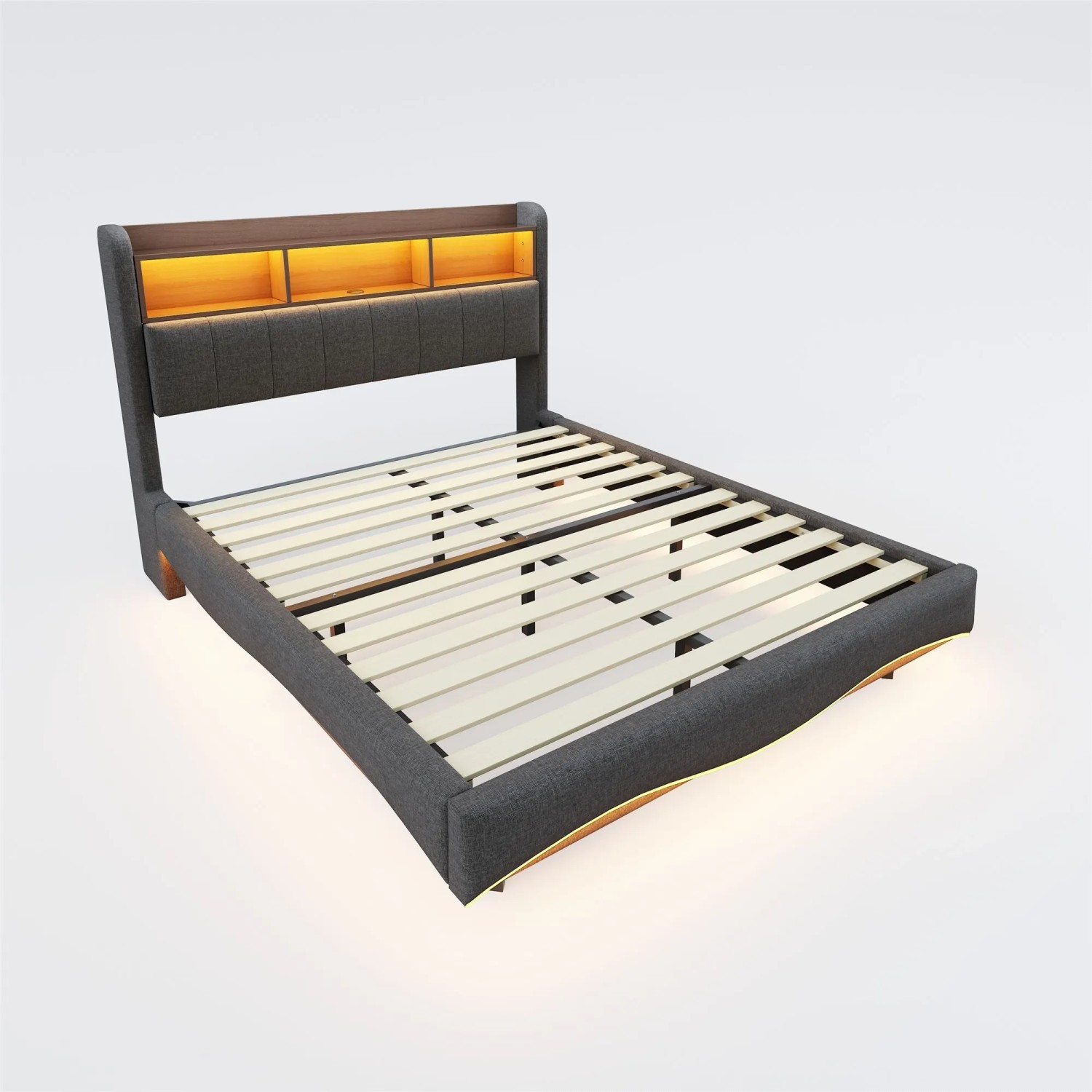 okwish Polsterbett 160x200cm mit LED USB Type C Stauraum Schlafzimmer Grau ohne Matratze