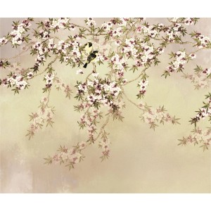 Komar Fototapete Love Birds Beige, 300x250 cm, mit Blütenzweigen und Vogelpaar auf beigem Hintergrund.