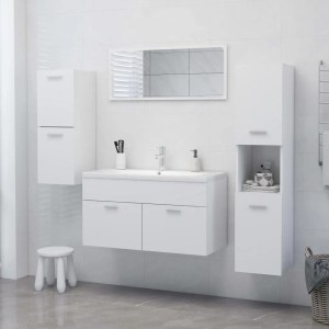 Weißes vidaXL Badmöbel-Set: Waschbeckenunterschrank, Spiegelschrank und Hochschränke aus Holzwerkstoff.