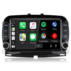 Junsun Autoradio für FIAT 500 mit großem Touchscreen. Zeigt CarPlay/Android Auto Apps, Navigation, Telefon und Musik. Autoelektrik.