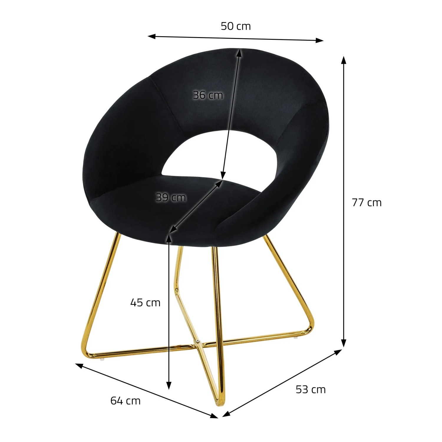 ML-Design Esszimmerstuhl aus Samt, schwarz, mit runder Rückenlehne und goldenem Metallgestell.