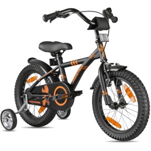 Schwarzes PROMETHEUS Kinderfahrrad 16 Zoll mit Stützrädern und Rücktrittbremse.