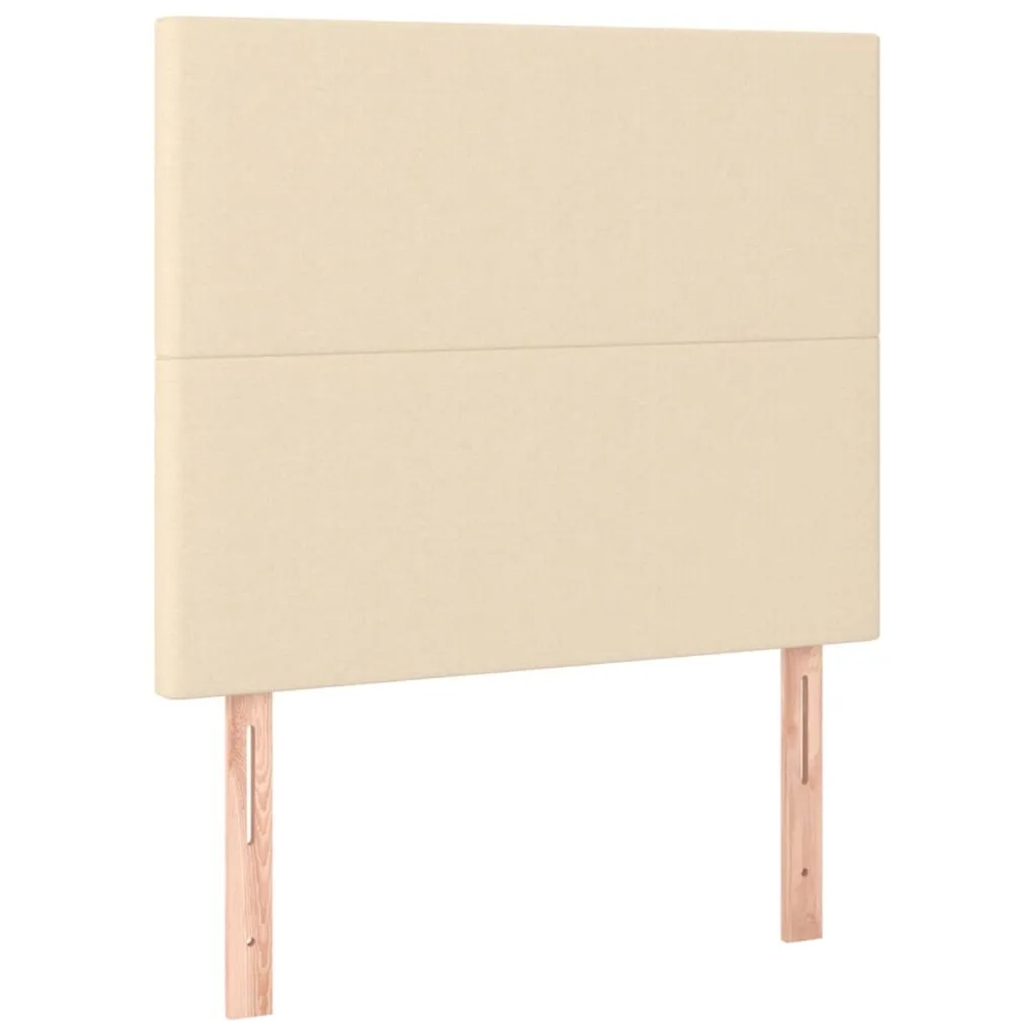 Cremefarbenes Boxspringbett mit Stoffbezug, Kopfteil und Holzfüßen, 100x200 cm.