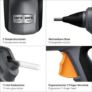 Steinel Akku-Heißklebepistole MobileGlue 3011 mit 2 Temperaturstufen und wechselbarer Düse.