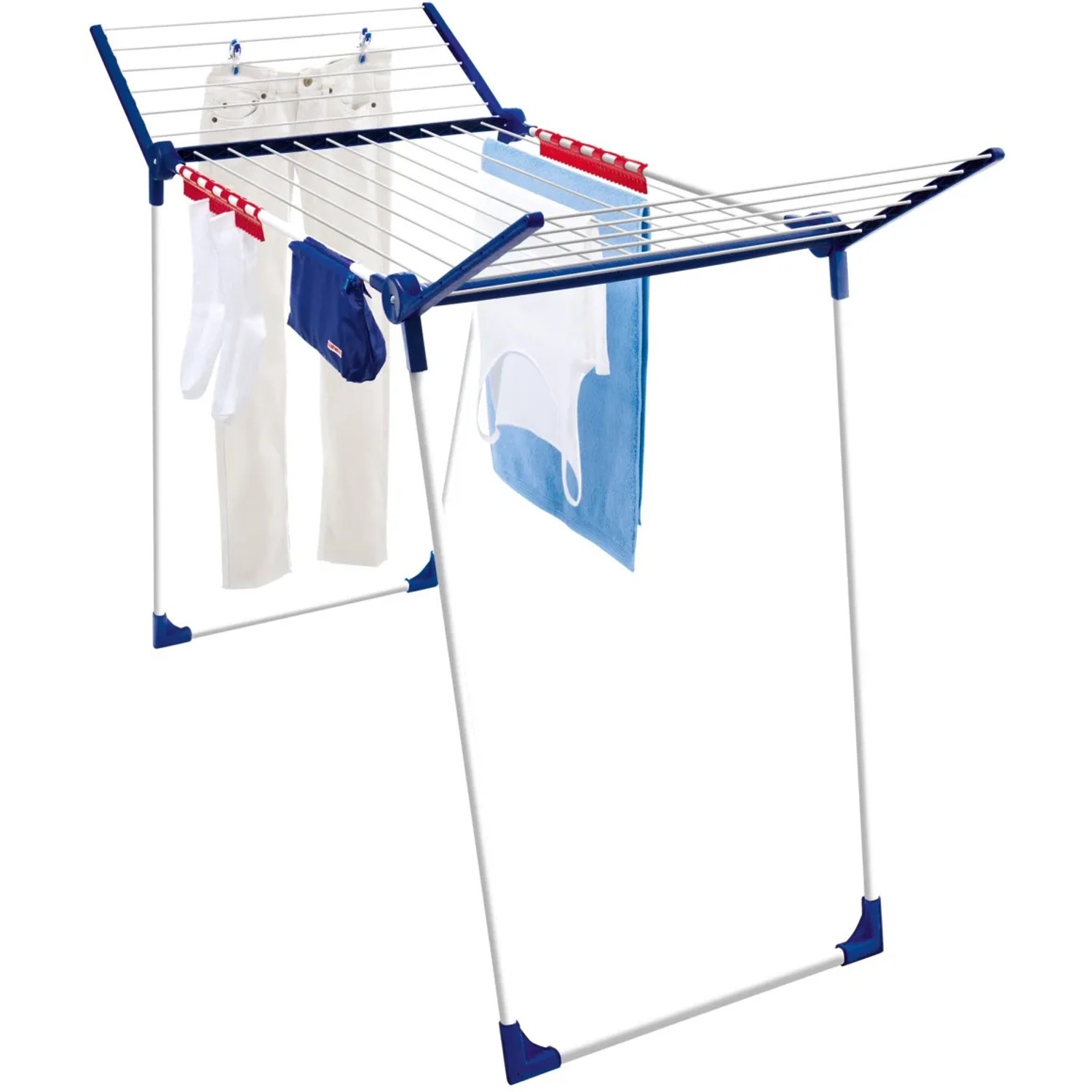Leifheit Pegasus 180 Solid Plus Wäscheständer mit Wäsche, blau-weiße Ausführung.