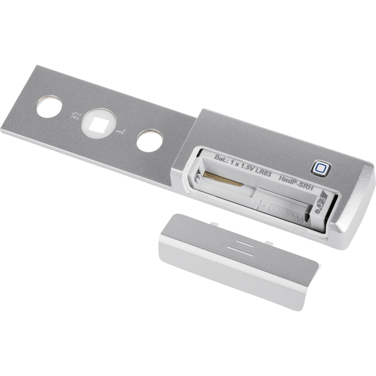HmIP Fenstergriffsensor: Silberner Sensor mit offener Batterieklappe für Hausautomation.