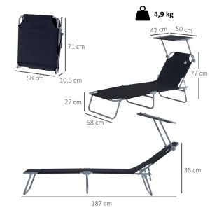 Schwarze Outsunny Sonnenliege klappbar mit Dach, Metallgestell. Zeigt ausgeklappt und gefaltet mit Maßen.