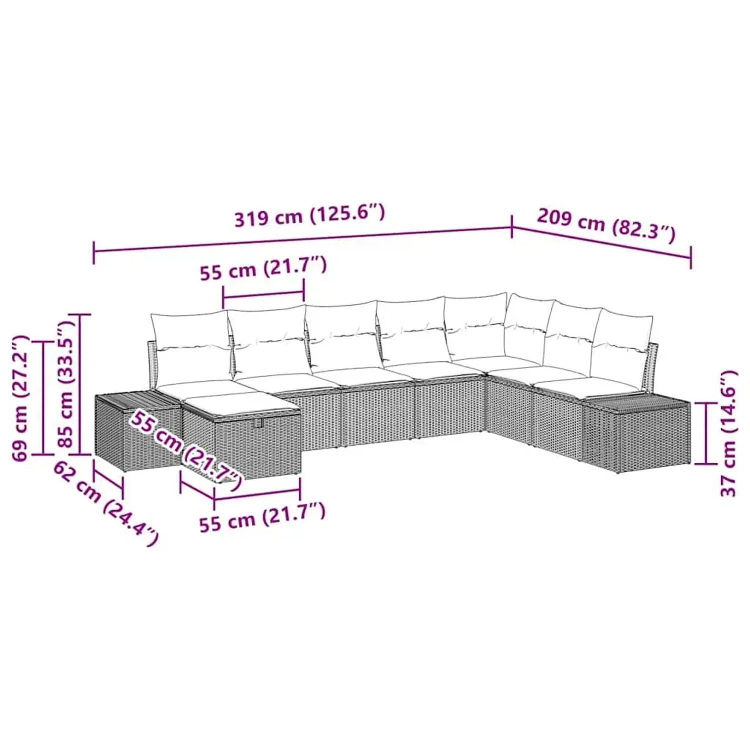 vidaXL Garten-Sofa-Set 8-tlg schwarz Poly Rattan, Maße: 319x209x85cm, mit Kissen.