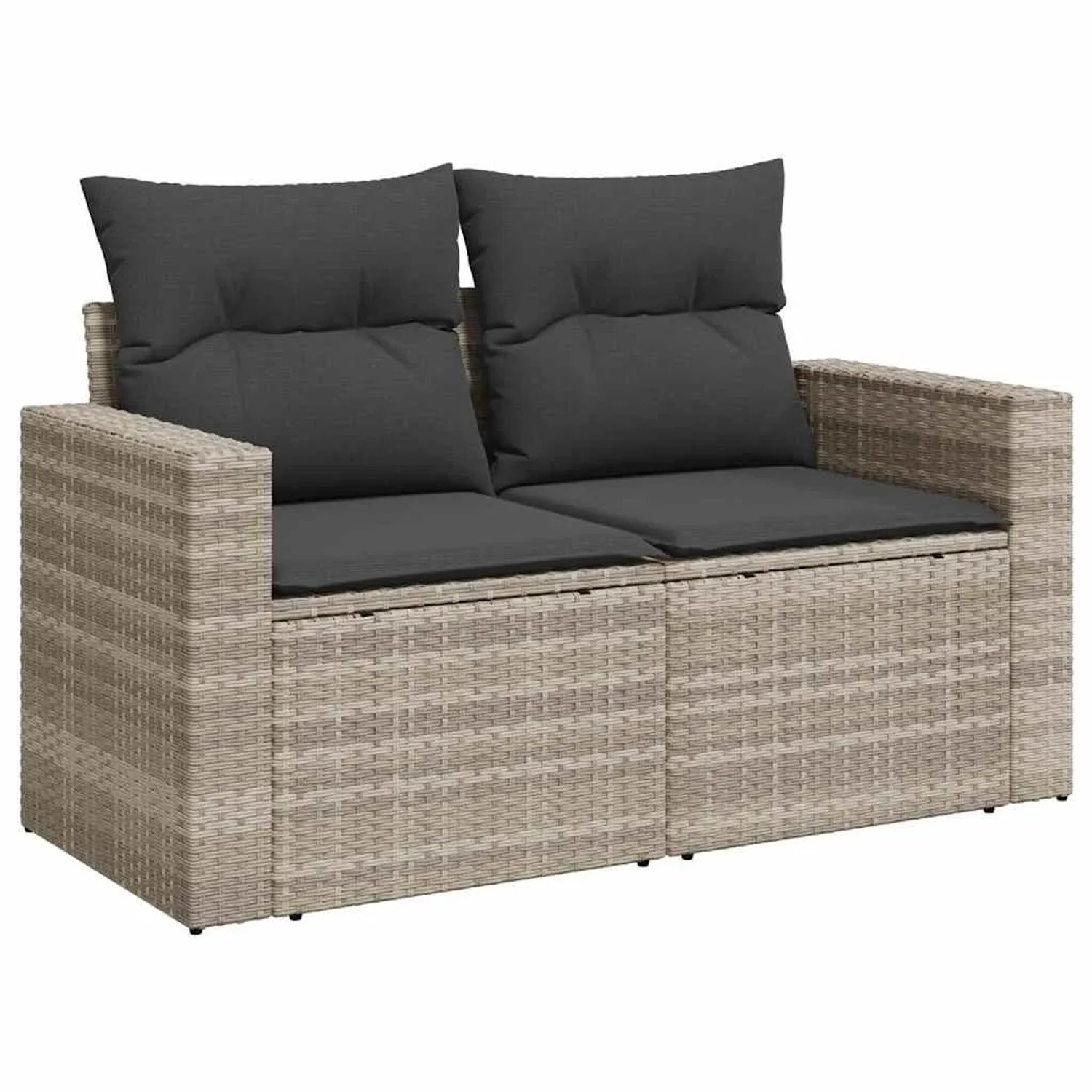 Hellgraue 2-Sitzer Garten-Sofagarnitur aus Polyrattan mit grauen Kissen. Gartenmöbel für Terrasse und Balkon.