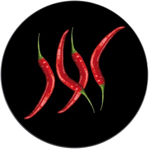 Wenko Topfuntersetzer Hot Peperoni aus Glas mit roten Chilischoten auf schwarzem Grund.