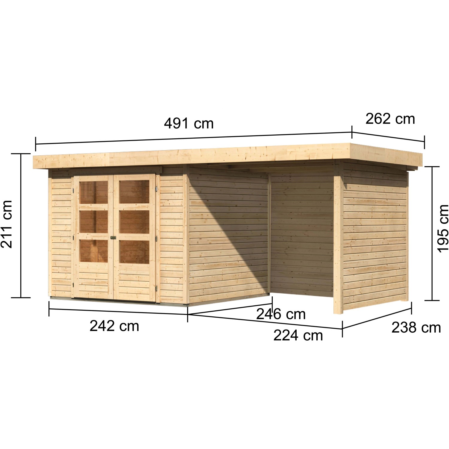 Karibu Holz-Gartenhaus Boras Natur, unbehandelt, mit Maßangaben. Flachdach Gartenhaus.