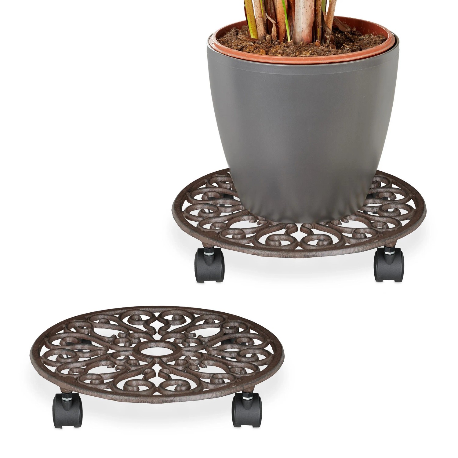 Relaxdays Pflanzenroller 2er Set Gusseisen Braun 7,5 cm x 34 cm 1,9 kg