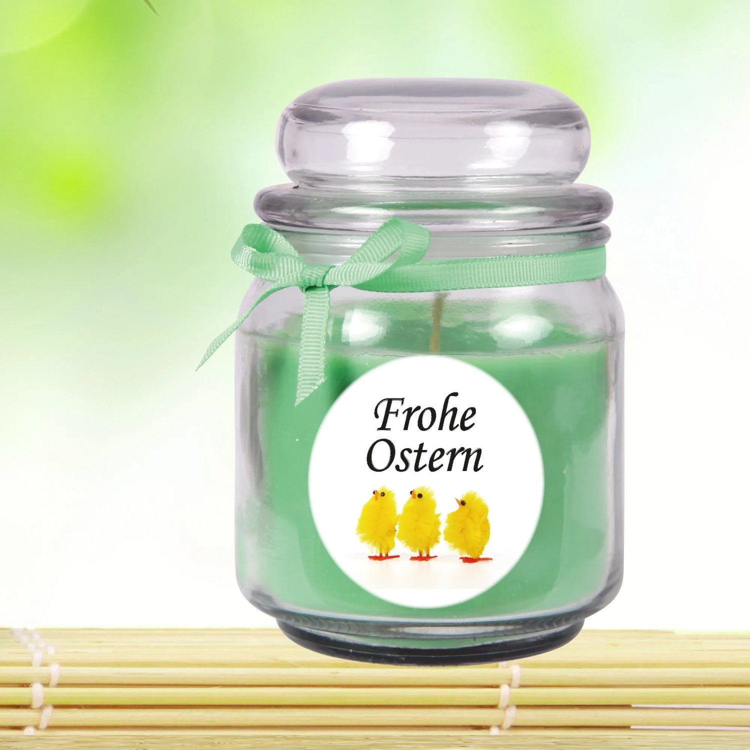 Duftkerze "Frohe Ostern" im Glas mit Küken-Motiv, Coconut Limes Duft, Ø9cm.