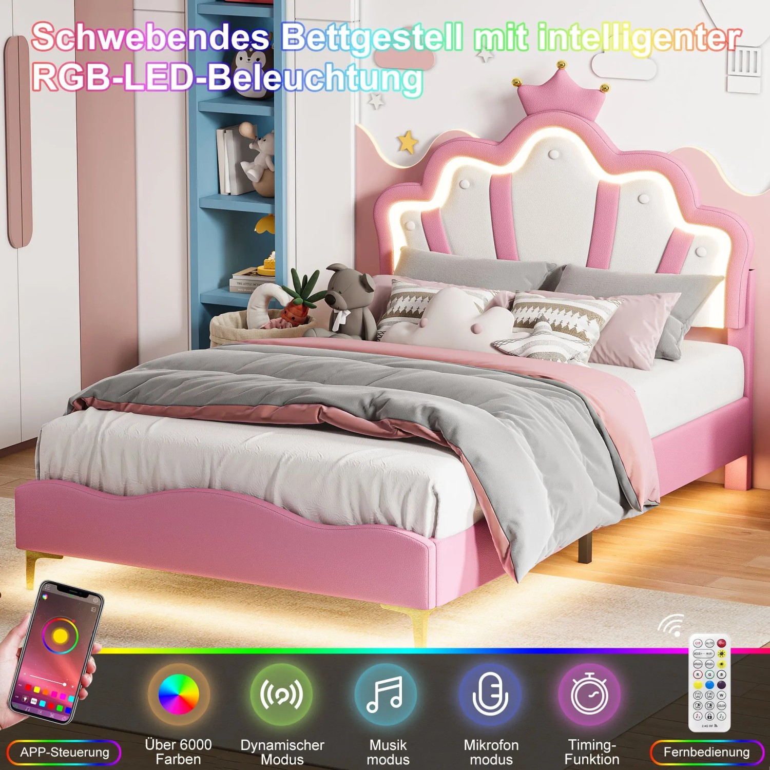 PXloue Kinderbett 90x190 cm RosaLED-Kinderbett mit Verstellbarem KopfteilPU-Polsterbett_5