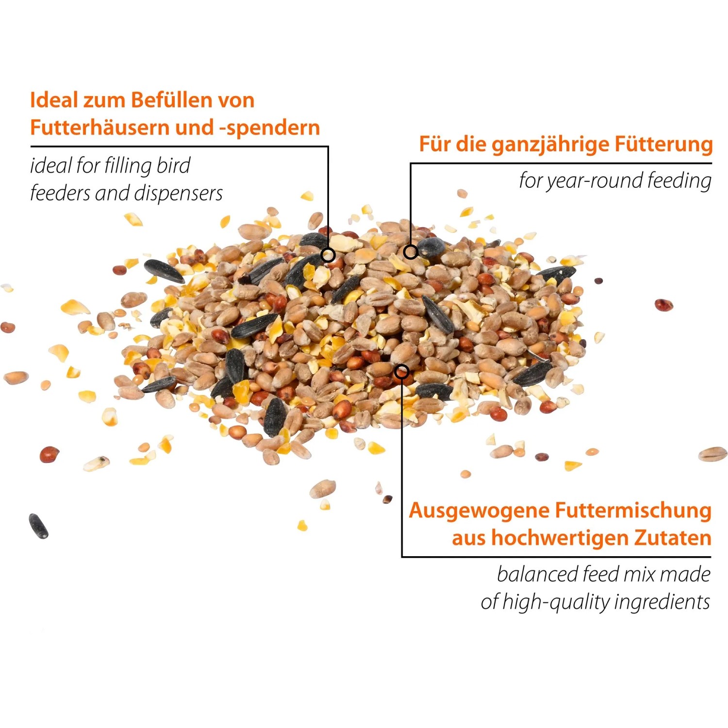 Dobar Winter-Streufutter für Wildvögel: Nahaufnahme einer Mischung aus Getreide, Saaten und Sonnenblumenkernen.