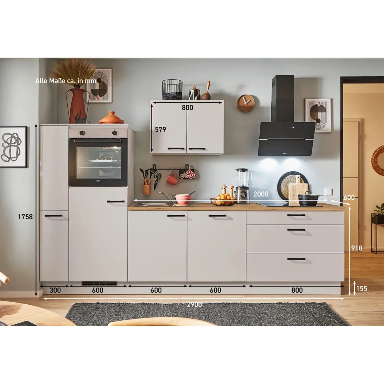 Moderne pino Küchenzeile in Kaschmirgrau, 290 cm breit, mit Geräte- und Apothekerschrank. Inklusive E-Geräte.