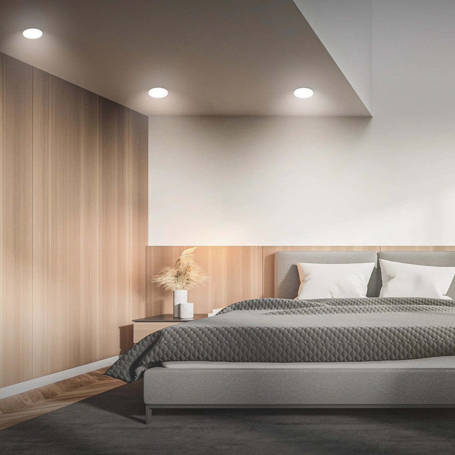 3er Set Briloner LED Einbaustrahler, neutralweiß, flach, in einem Schlafzimmer.